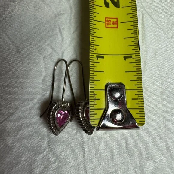Heart-Shaped Pink Stone Sterling Silver Marked CA 925 Hook Dangle Drop Earrings - Picture 6 of 6